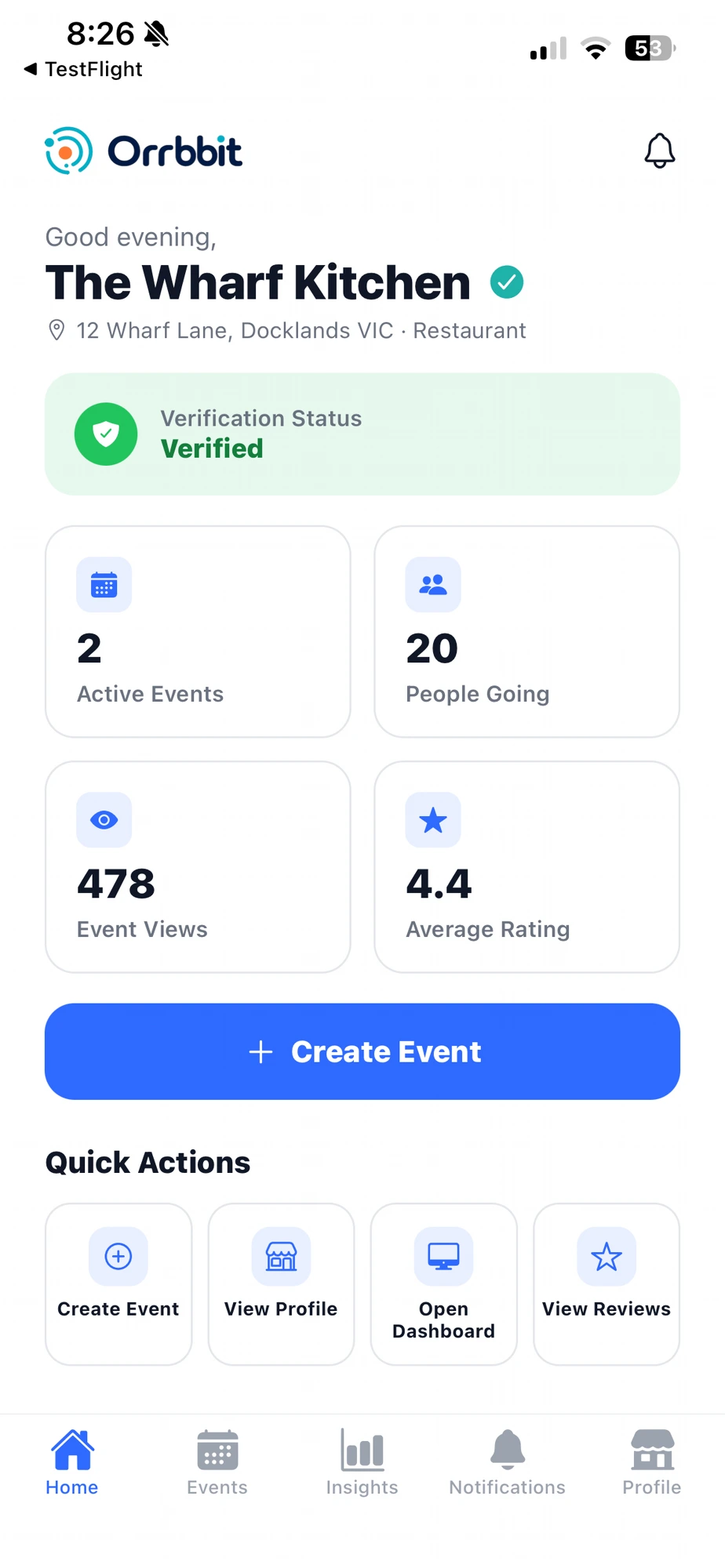 Orrbbit Business home screen in the app showing a verified business with active events